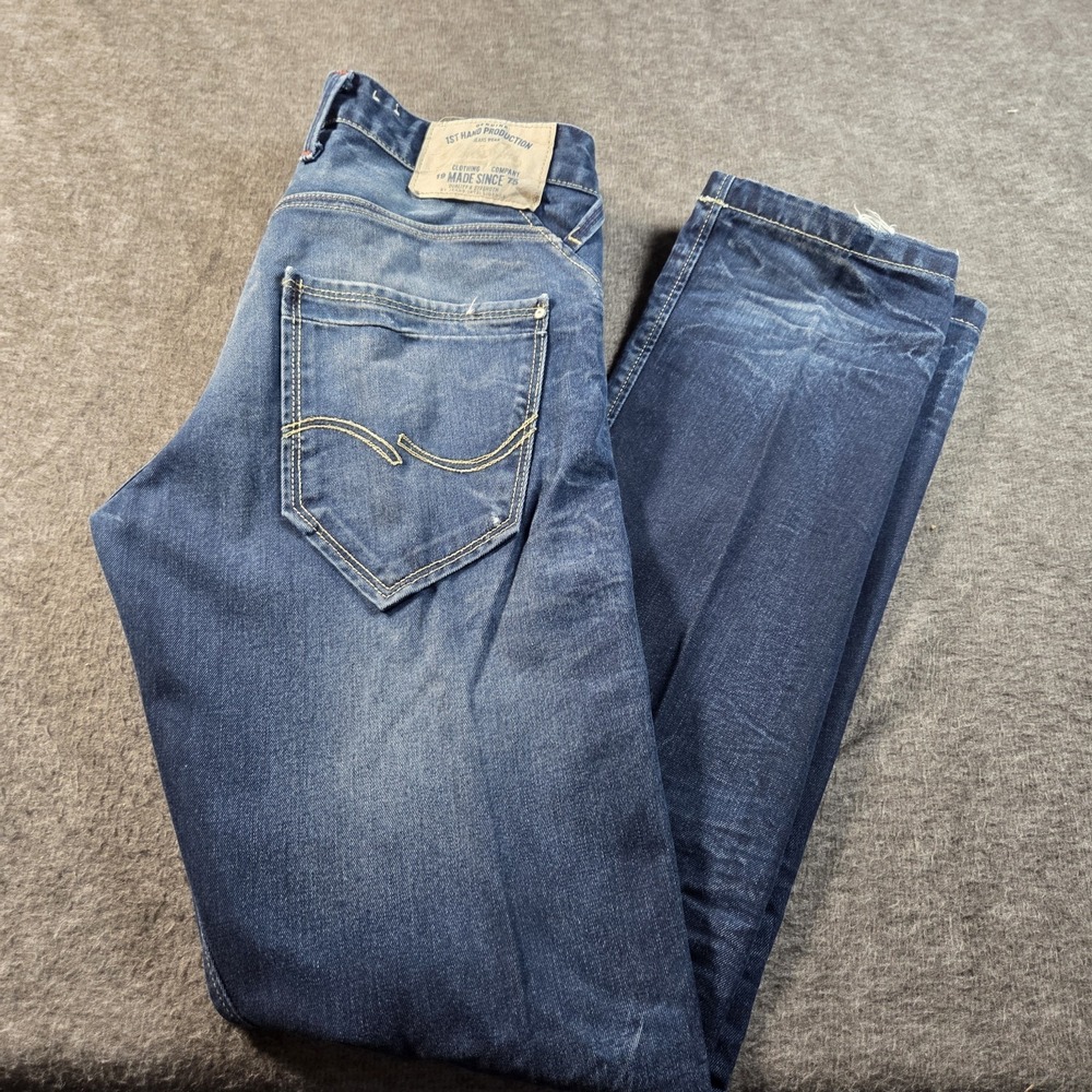 Jack and Jones Button Fly Mens Blue Jeans Demin Wrinkle Fade Size 30/32